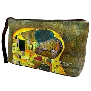 Sharif Artistic Expressions 1827 Leather Cosmetic Bag Hand Painted Klimt EUC